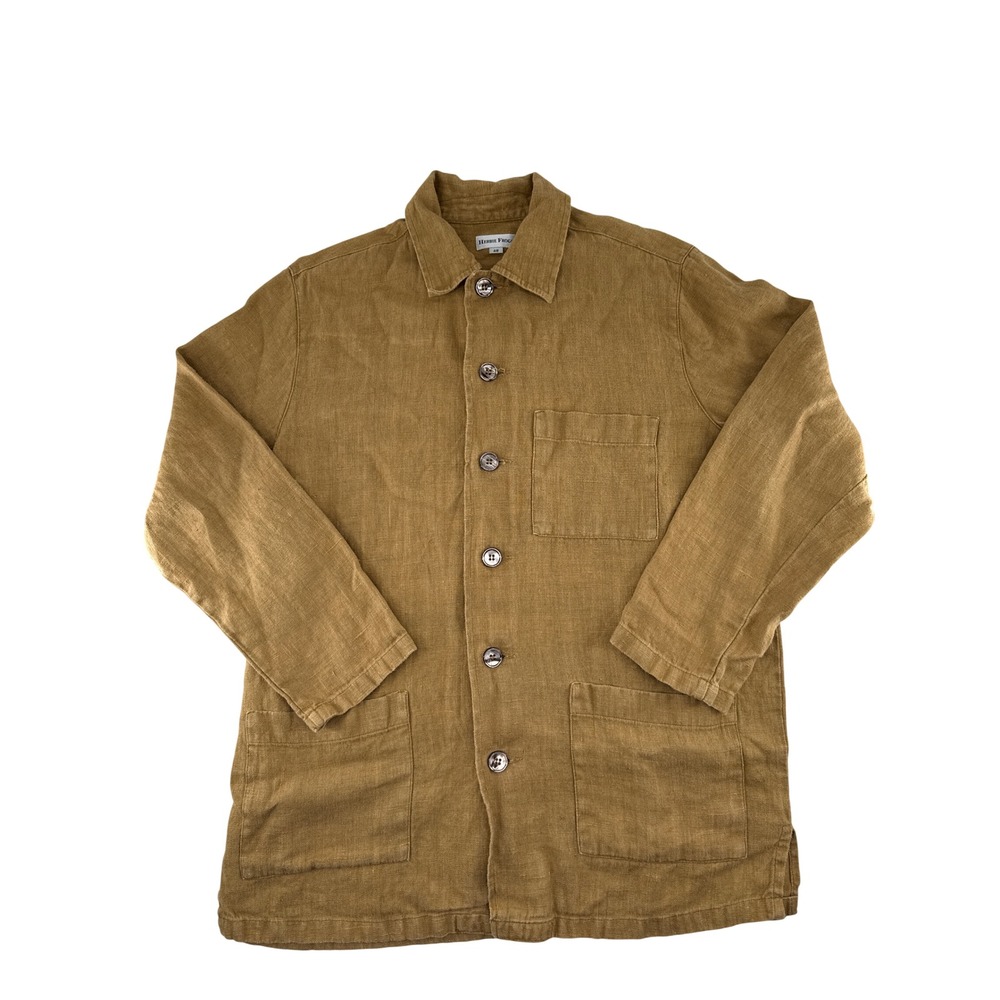 Herbie Frogg Italy 100% Linen Chore Jacket Mens 48 Tan Ochre Overshirt Pockets
